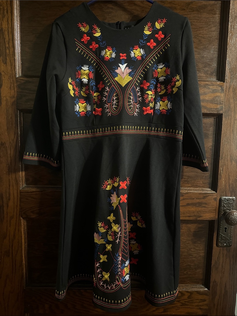 Black Long-Sleeve Embroidered Floral Midi Dress